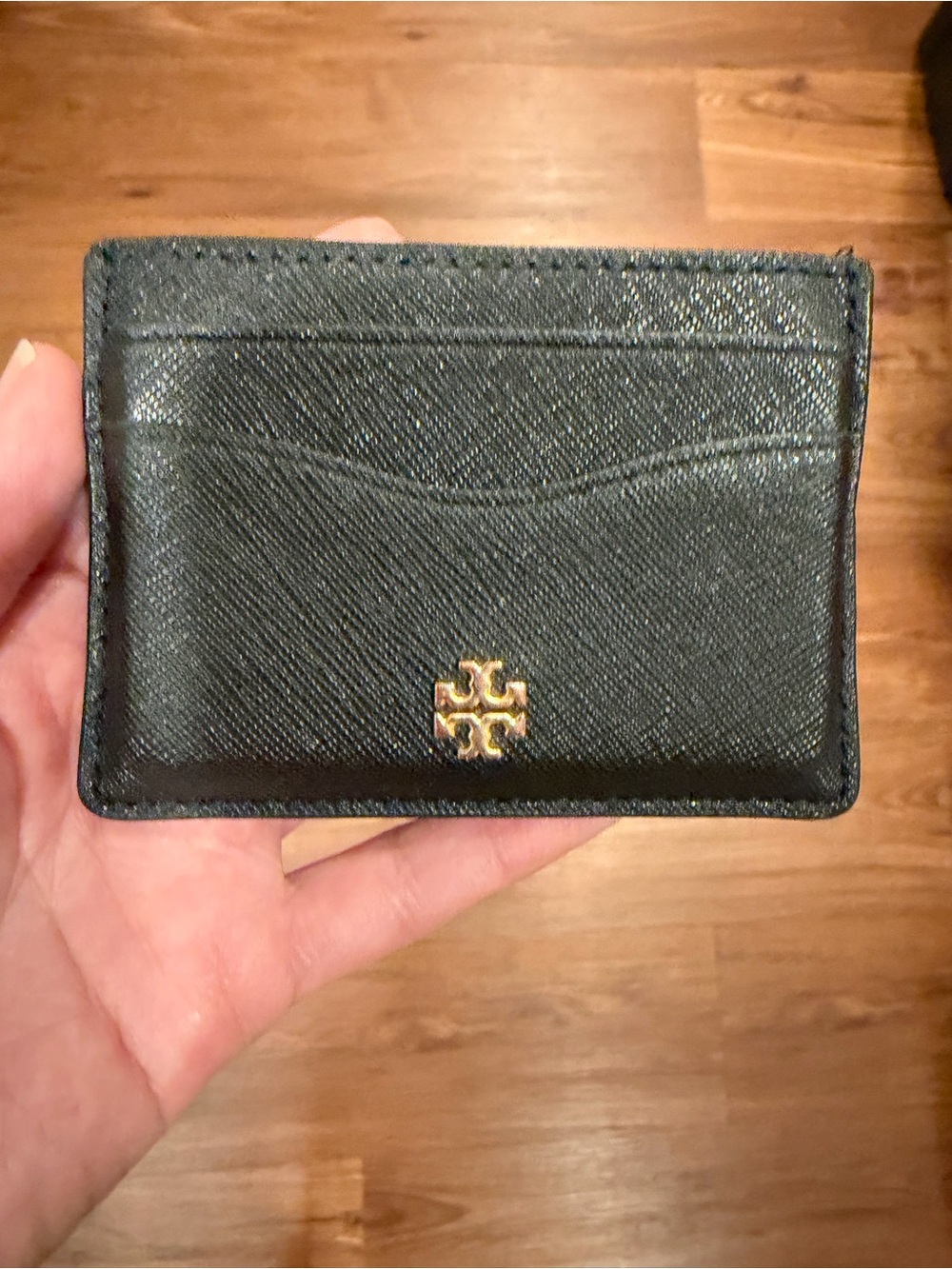 Tory Burch Black Leather Card & Key Holder with Gold Logo